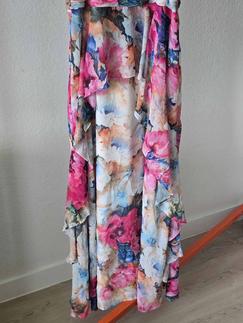 R&M Richards Floral Watercolor Maxi Dress Size 16 High Low Ruffle Formal $139 - Picture 5 of 11